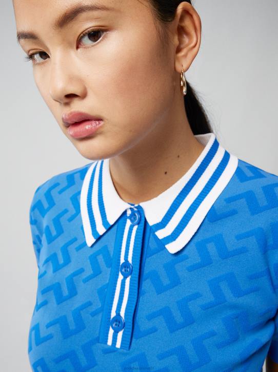 Arya Knitted Polo Blue Jacquard Bridge Monogram Women J.Lindeberg Clothing 66XF2825 - Image 3