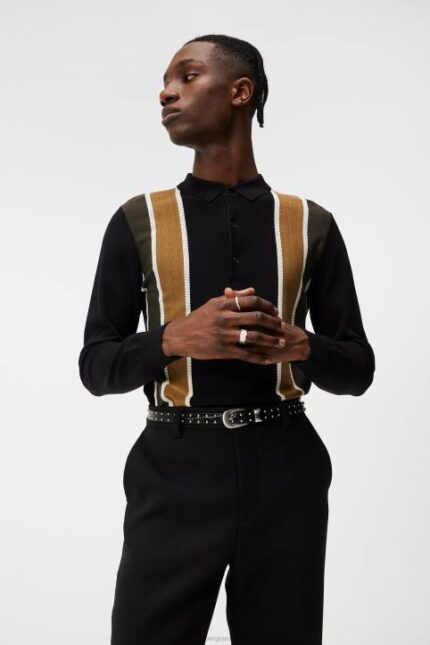 Heden Striped Knitted Polo Black Men J.Lindeberg Clothing 66XF1017