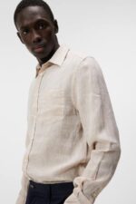 Linen Melange Long Sleeve Slim Shirt Safari Beige Men J.Lindeberg Clothing 66XF1179 - Image 3