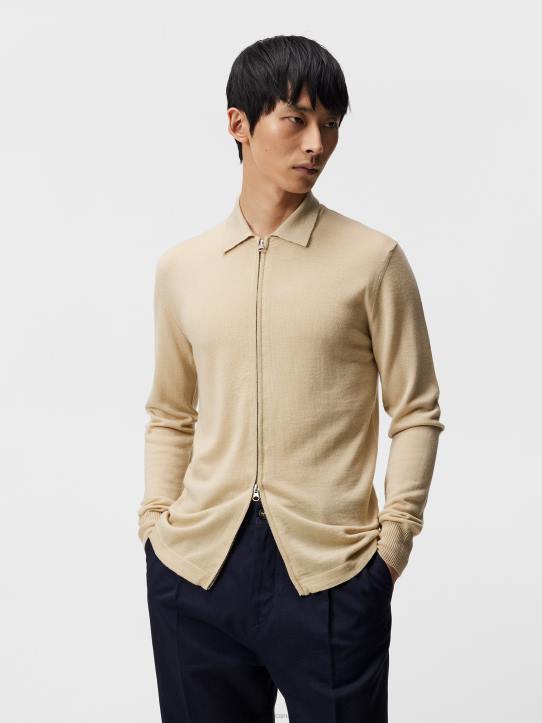 Nyle Merino Zip Cardigan Safari Beige Men J.Lindeberg Clothing 66XF1046 - Image 1