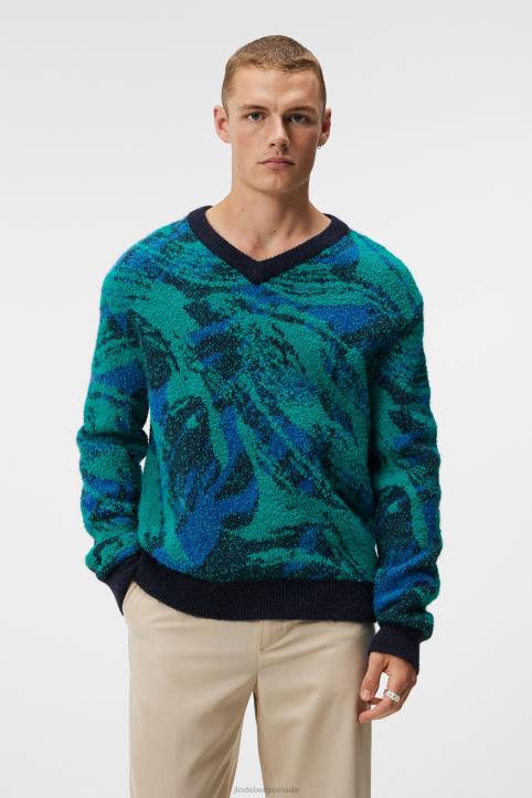 Trestle Jacquard V-Neck Sweater Navy Valley Men J.Lindeberg Clothing 66XF995 - Image 1